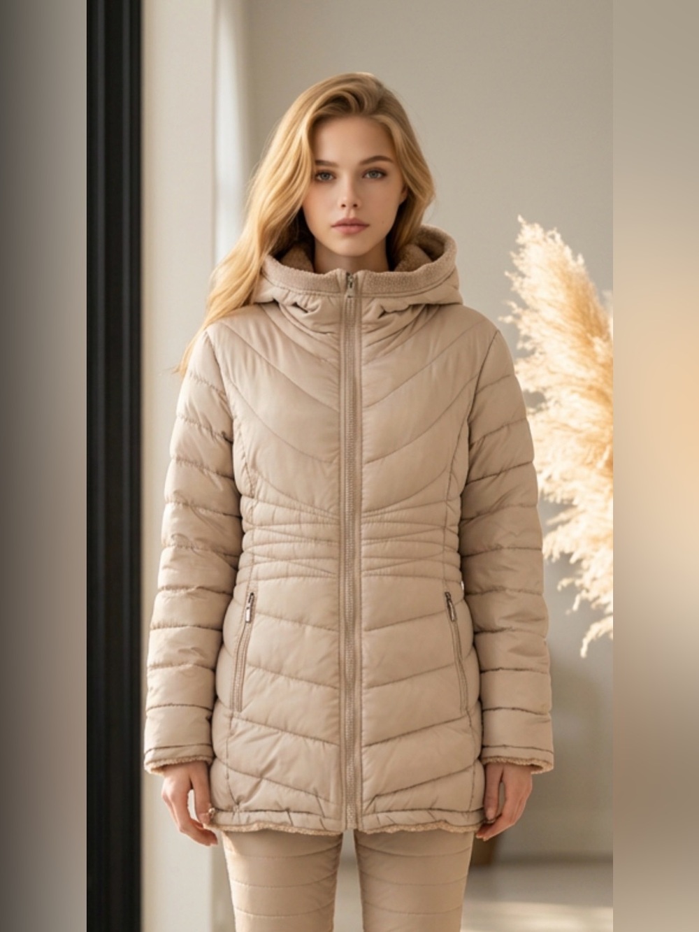 Reebok Women’s Hooded Quilted Puffer Reversible Jacket in Beige